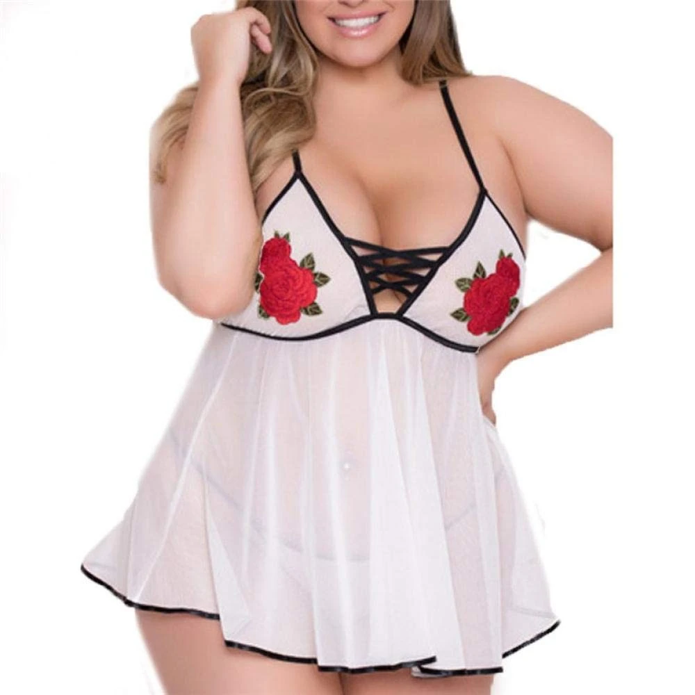 FGHSD Women's Baby Dolls Sexy Girl Cute Lingerie Plus Size Lace Underwear Applique Nightdress Sexy Underwear (White L)