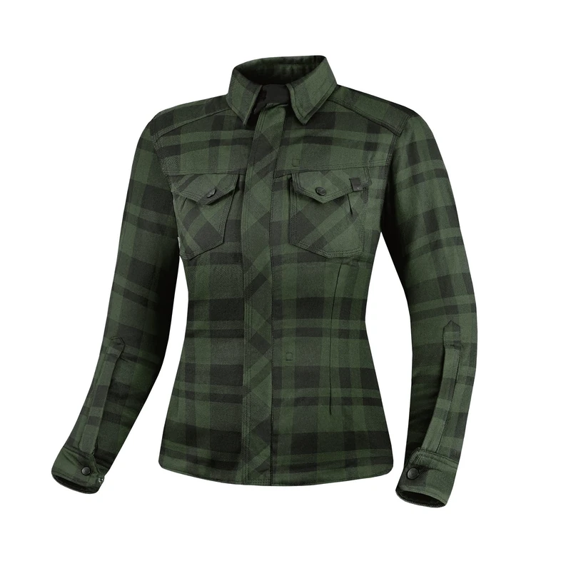 SHIMA RENEGADE LADY 2 Motorcycle Shirt for Women Armored Plaid Biker Flannel Jacket with Kevlar by DuPont layer, CE Back, Shoulder, Elbow Protectors, Zipper Closure (Green, 3XL)