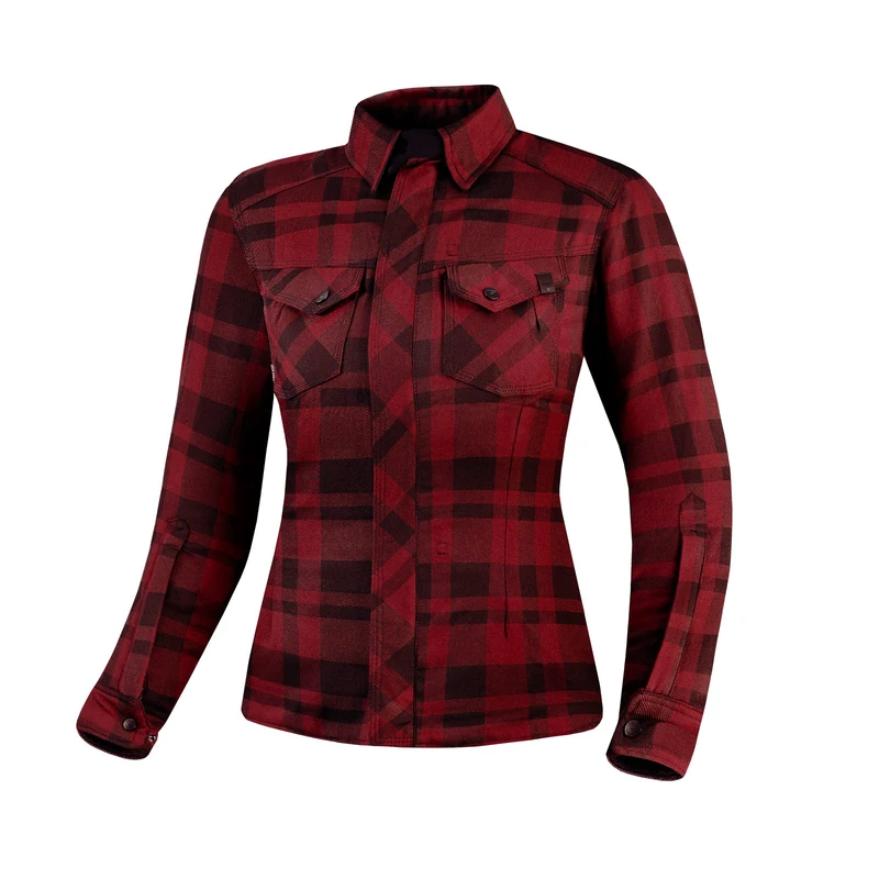 SHIMA RENEGADE LADY 2 Motorcycle Shirt for Women Armored Plaid Biker Flannel Jacket with Kevlar by DuPont layer, CE Back, Shoulder, Elbow Protectors, Zipper Closure (Red, S)