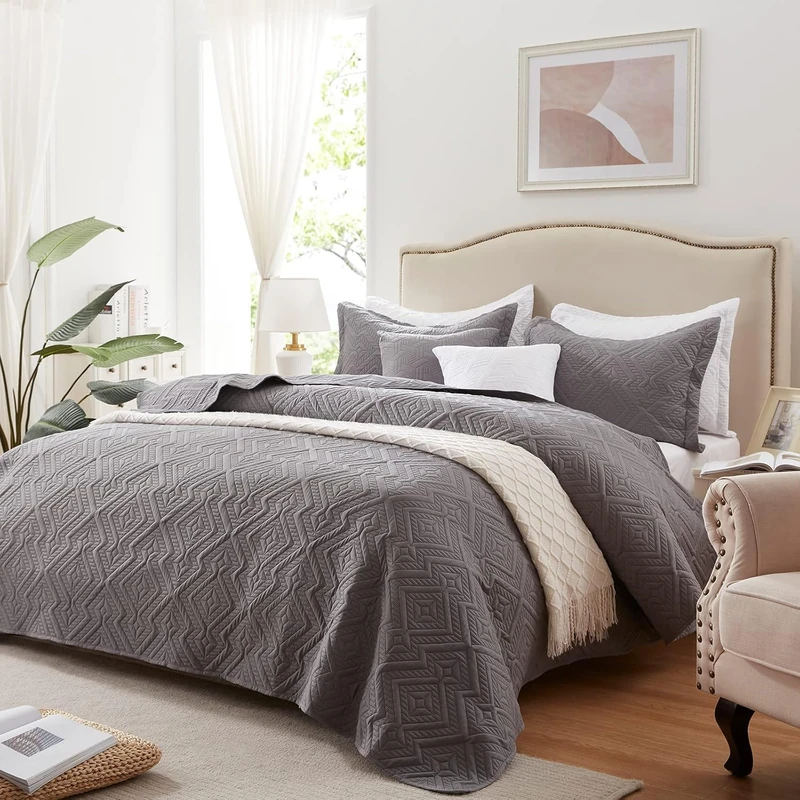 Quilt Set King Size 3 Pieces, Lightweight Grey Bedspread-98''x106'', Soft Microfiber Summer Quilt/Coverlet,Luxurious Warm Bedding Sets for All Seasons (Includes 1 Quilt, 2 Shams)