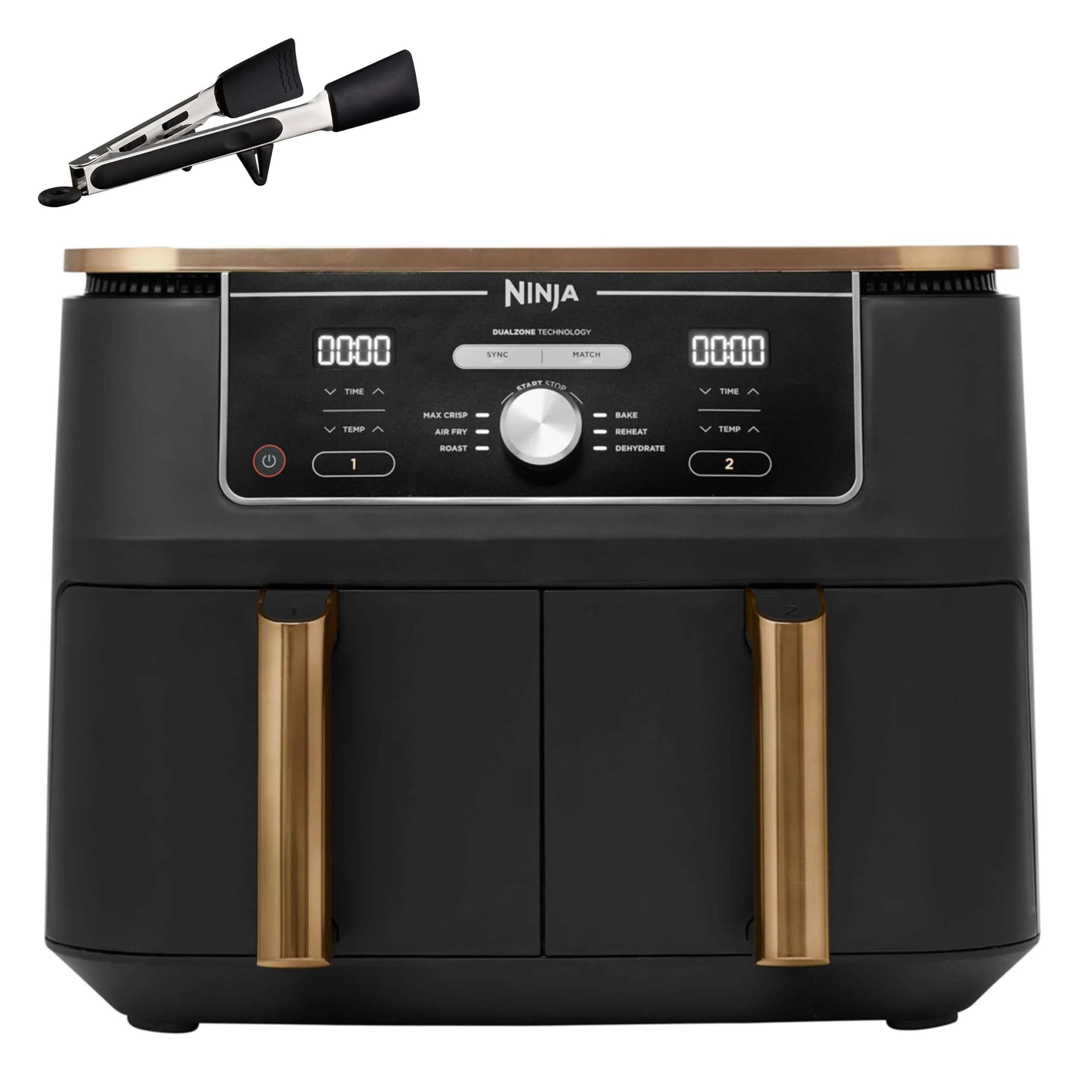 Ninja Foodi MAX Dual Zone Air Fryer, Amazon Exclusive, Tongs, 2 Drawers, 9.5L, 6-in-1, Use No Oil, Air Fry, Max Crisp, Roast, Bake, 8 Portions, Nonstick Dishwasher Safe Baskets, Copper/Black AF400UKCP