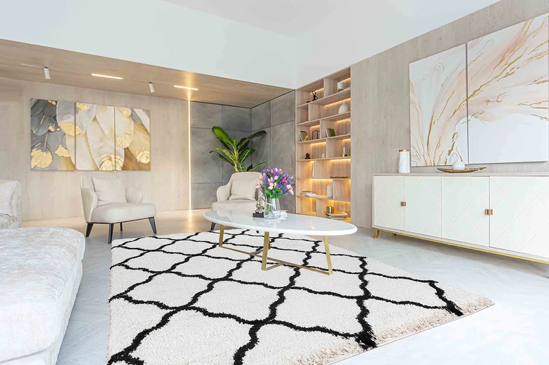 Serdim Rugs Morrocan Berber Living Room Bold Trellis Design Shaggy Area Rugs, Stone, 200x290cm (6'7"x9'6")