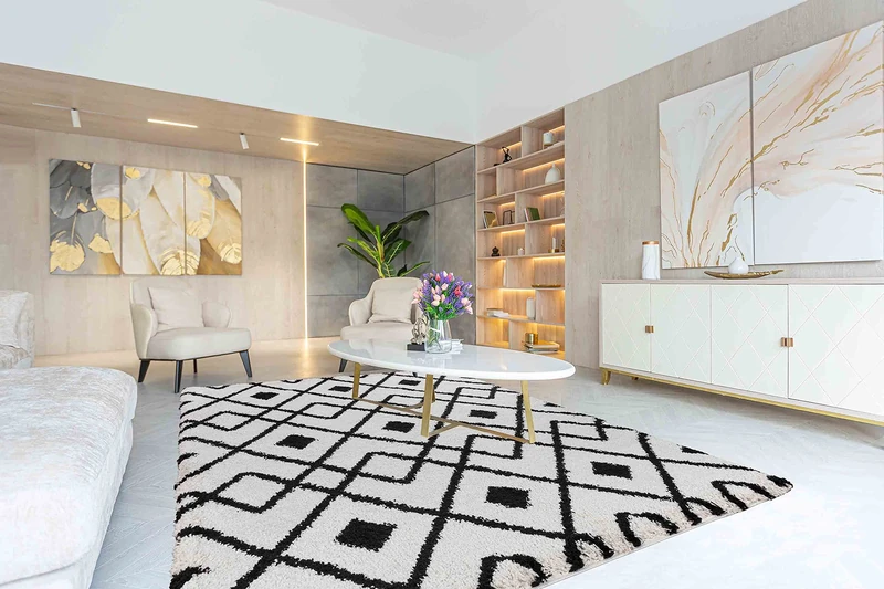 Serdim Rugs Morrocan Berber Living Room Distorted Checkered Design Shaggy Area Rugs, Stone, 200x290cm (6'7"x9'6")