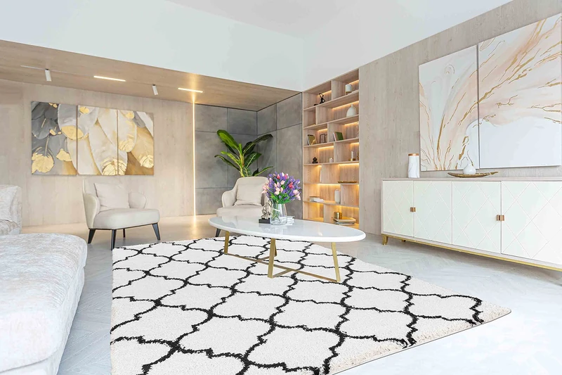 Serdim Rugs Morrocan Berber Living Room Trellis Design Shaggy Area Rugs, Stone, 160x230cm (5'3"x7'7")