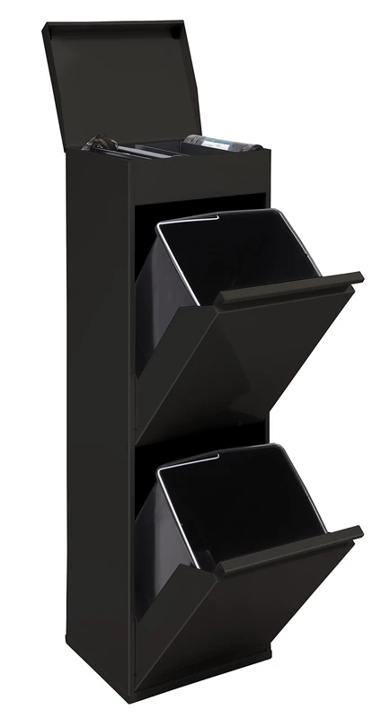 ARREGUI Top CR226-B Recycled Steel Waste Bin with Storage Box with Lid, Waste Separation System with 2 Removable Plastic Inner Bins with Handle, 2 x 17 L (34 L), Black