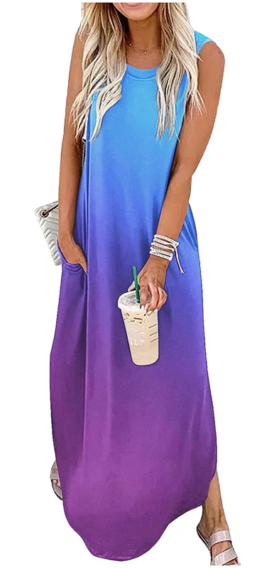 CHUNTIANRAN Women's Maxi Dress Summer Casual Sundress Sleeveless Long Dresses Hawaiian Beach Maxi Dress Clothes Clothing with Pockets, Gradient - 9, XXL