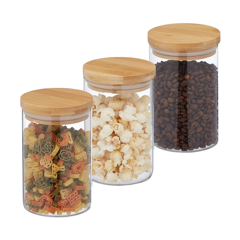 Relaxdays Jars in Set of Three, 800ml Each, Bamboo Airtight Lids, Dry Food Storage, Glass, Transparent/Brown, 15 x 10 cm