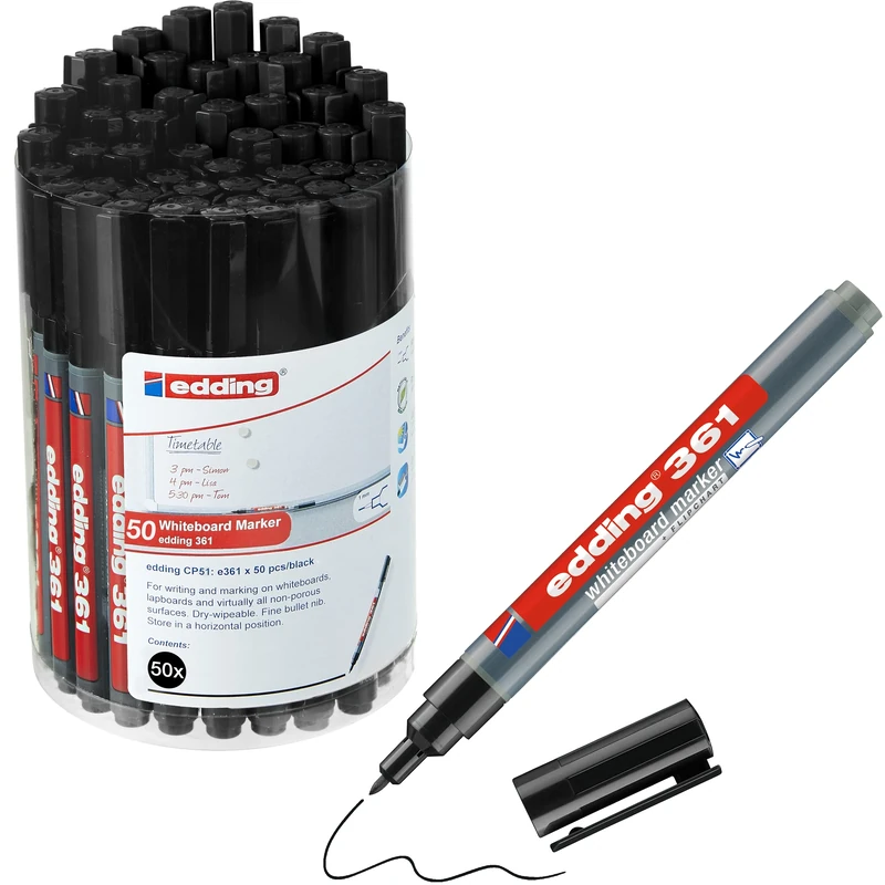 edding 361 whiteboard marker - black - 50 whiteboard pens - round tip 1 mm - whiteboard pen dry wipe - for whiteboards, flipcharts, pinboards, magnetic and memo boards - sketchnotes - refillable
