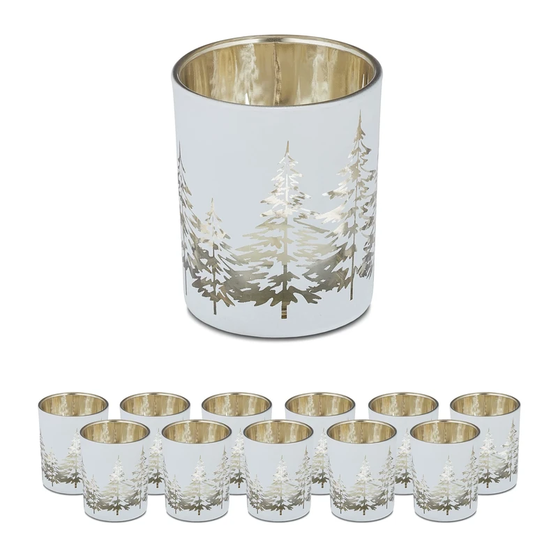 Relaxdays Set of 12 Tealight Holders, with Christmas Tree Design, HxDiam.: 8.5 x 7 cm, Votive Candle Glass, White/Gold