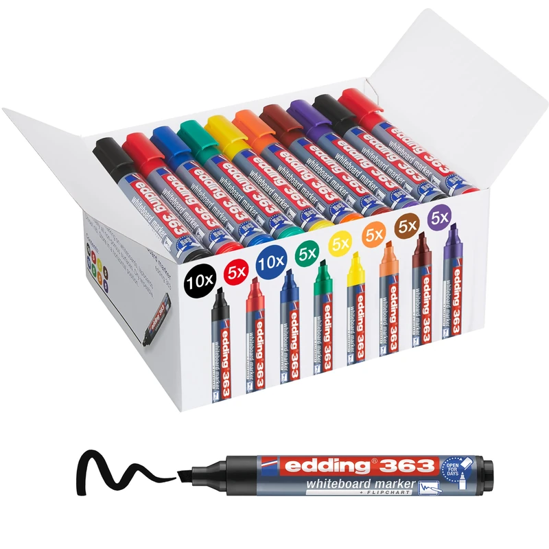 edding 363 whiteboard marker set - multi-coloured - 50 whiteboard pens - chisel tip 1-5 mm - whiteboard pen dry wipe - for whiteboards, flipcharts, magnetic, memo boards - sketchnotes - refillable
