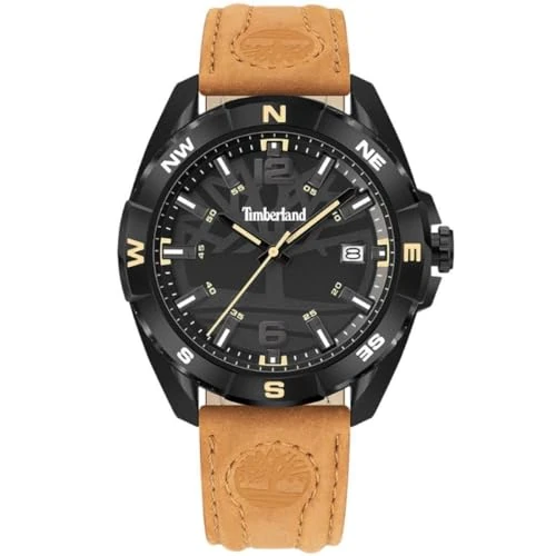 Timberland Millinocket Men's Watch in Black with Leather Strap, Case Diameter: 44 mm, TDWGB2202101, Black, Strap.