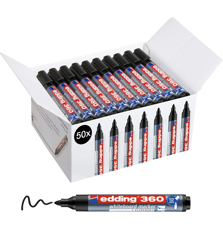 edding 360 whiteboard marker - black - 50 whiteboard pens - round nib 1,5-3 mm - whiteboard pen dry wipe - for whiteboards, flipcharts, pinboards, magnetic and memo boards - sketchnotes - refillable