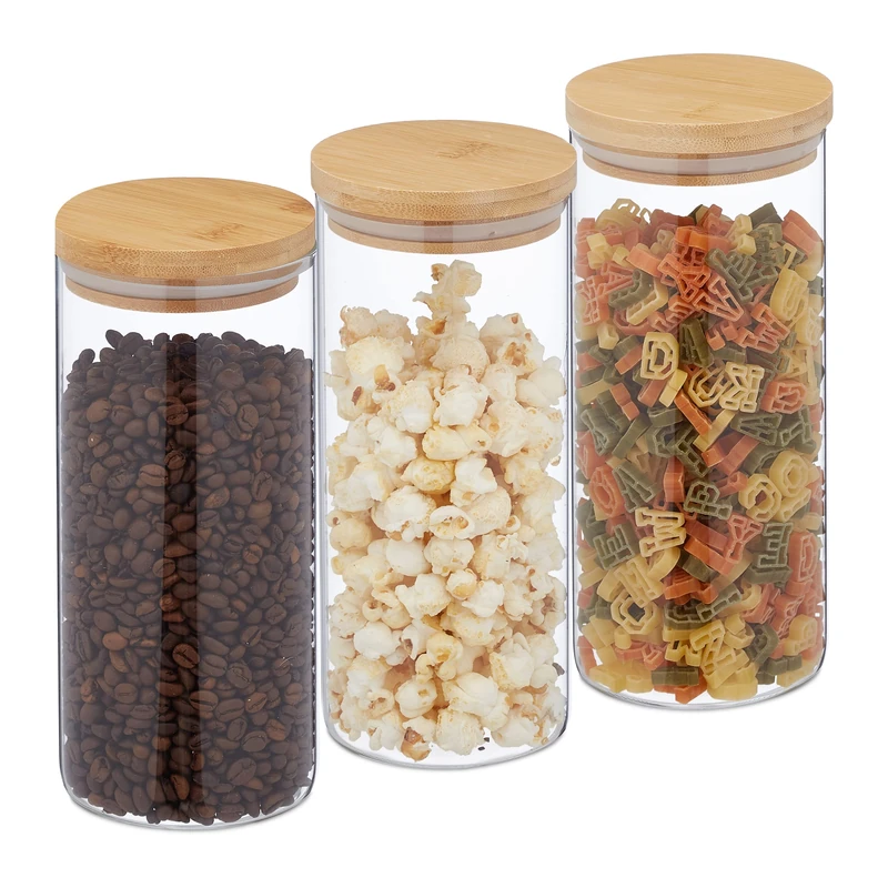 Relaxdays Jars in Set of Three, Bamboo Airtight Lids, 1300ml Each, Dry Food Storage, Glass, Transparent/Brown, Set of 3