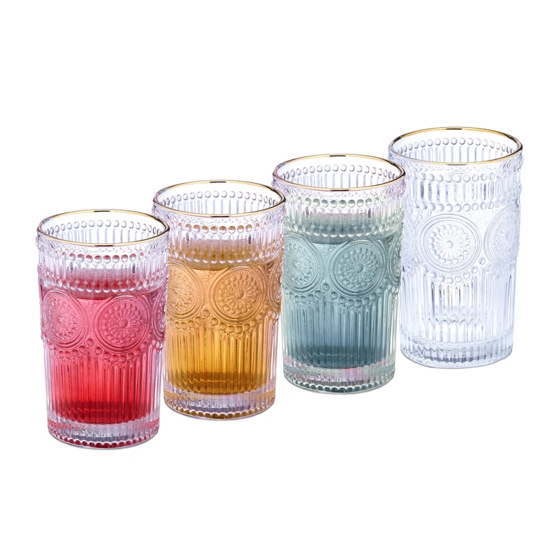 Relaxdays Drinking Set of 4, Dishwasher Safe, 400ml Each, Vintage Glasses with Gold Rim and Pattern, Transparent, 13 x 8 cm