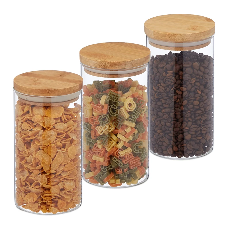 Relaxdays Jars in Set of Three, Bamboo Airtight Lids, 1000ml Each, Dry Food Storage, Glass, Transparent/Brown, Set of 3