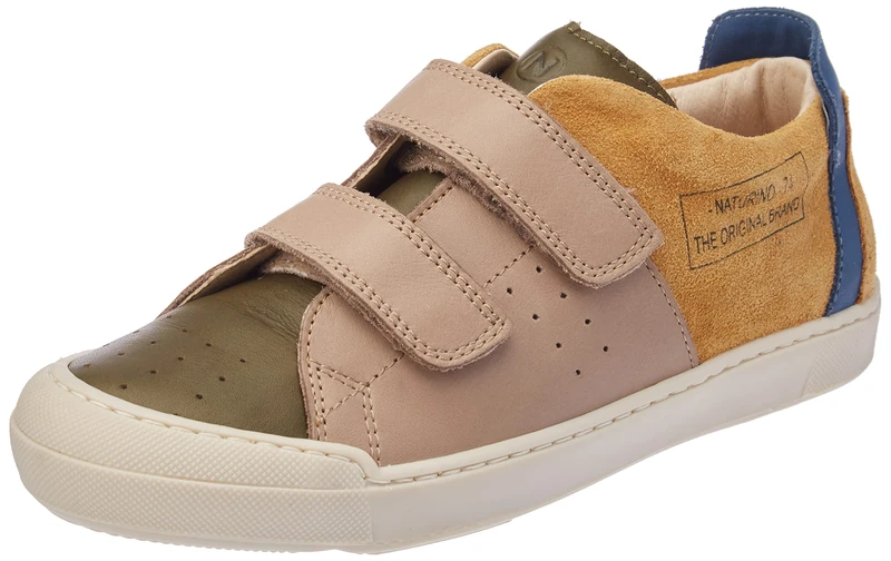 Naturino Trajan VL-Leather and Suede Sneakers with Velcro, Multicolor Military Taupe, 23 EU
