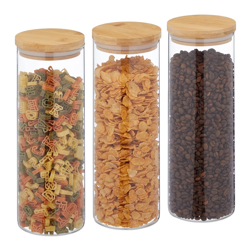 Relaxdays Jars in Set of Three, Bamboo Airtight Lids, 1600ml Each, Dry Food Storage, Glass, Transparent/Brown, Set of 3