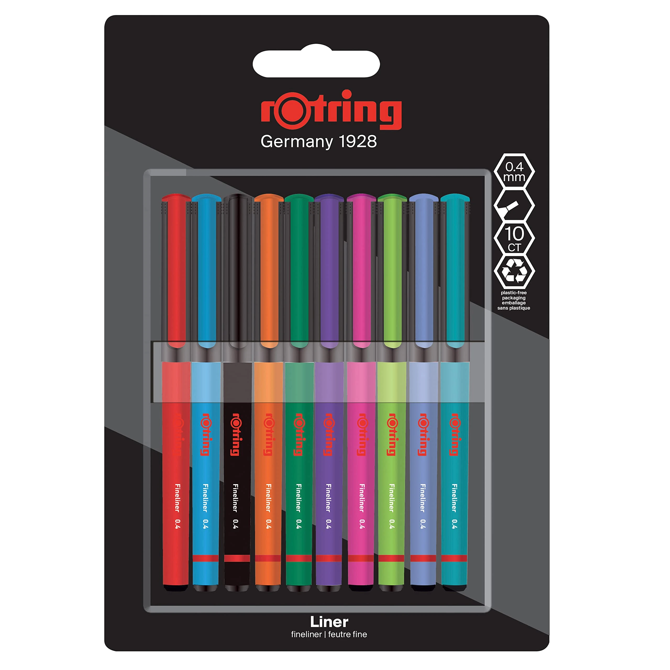 rOtring Liner Fineliner Pens | 0.4 mm | Colouring Pens for Writing & Drawing | Plastic-Free Packaging | Assorted Colours | 10 Count