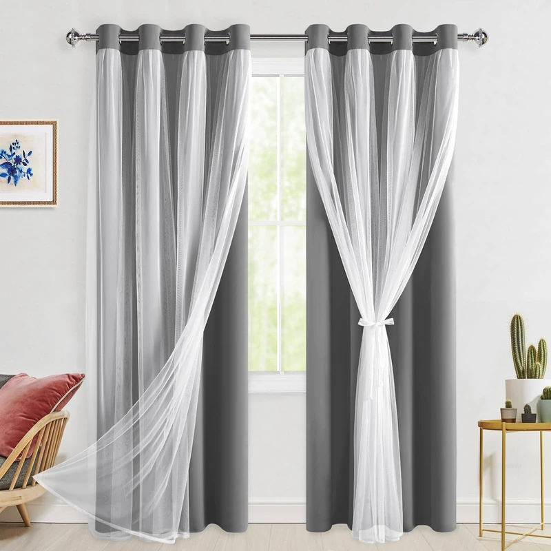 Hiasan Grey Blackout Curtains with Sheer Overlay, Grommet Thermal Insulated Privacy Mix & Match Double Layer Room Darkneing Curtains for Bedroom, Living Room, 2 Window Panels with Tiebacks, 52W X 84L