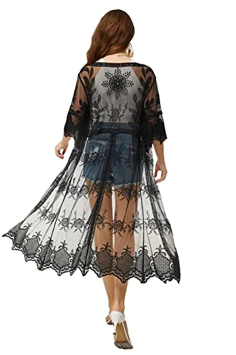 marysgift Women Swimsuit Cover Up Bathing Suit Kimono Long Beach Dress Floral Lace Bikini Swim Coverup Sun Protection Clothing Black