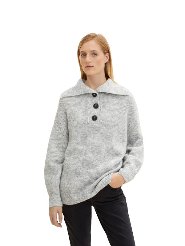 Tom Tailor Ladies Oversized Troyer Knitted Jumper 1034056, 30282 - Concrete Grey Melange, X-Small - Image 1