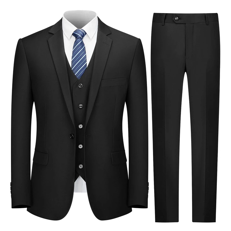 Cooper & Nelson Men's Suit Slim Fit, 3 Piece Suits for Men, One Button Solid Jacket Vest Pants with Tie, Tuxedo Set, Black, XXL
