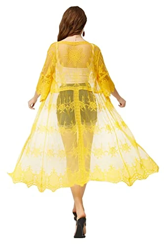 marysgift Beach Kimono Summer Open Front Cardigan Bathing Suit Casual Long Mesh Open Front Swimsuit Summer Soft Lace Coverups for Women Yellow