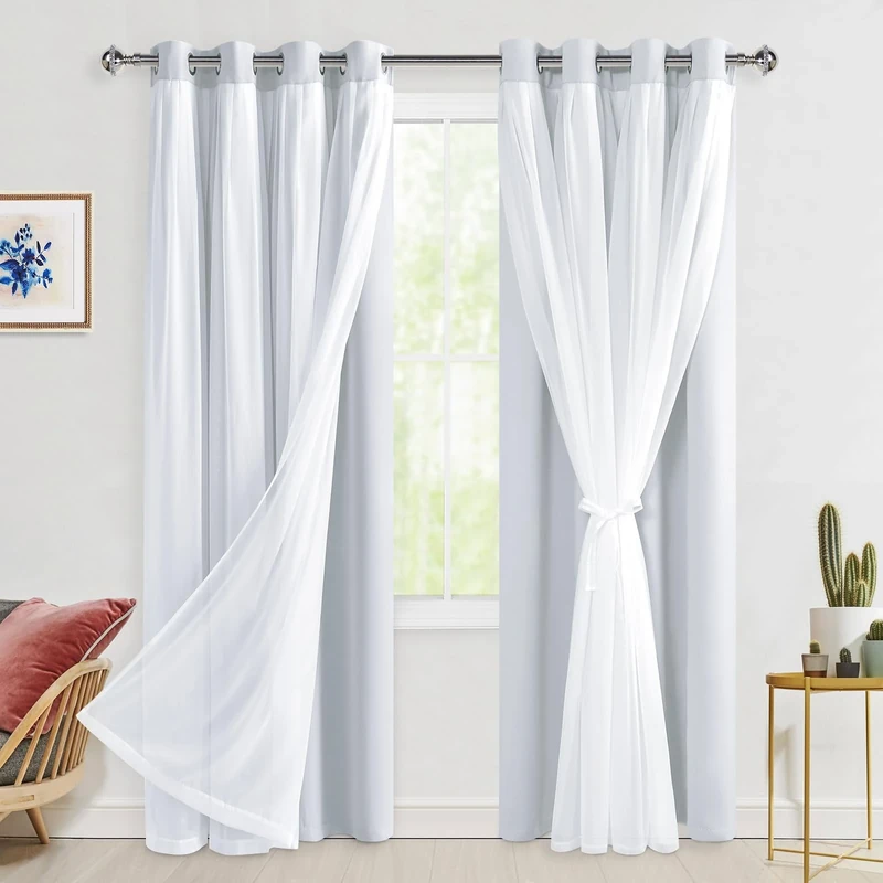 Hiasan Greyish White Blackout Curtains with Sheer Overlay, Grommet Thermal Insulated Mix & Match Double Layer Window Curtains for Bedroom, Living Room, 2 Drape Panels Sewn with Tiebacks, 52W X 84L
