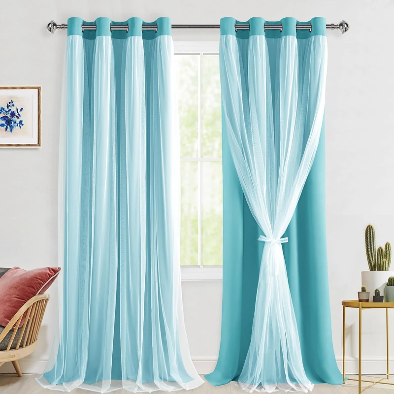 Hiasan Blackout Curtains with Sheer Overlay, Thermal Insulated Sun Blocking Grommet Window Curtains for Bedroom, Living Room, Kids' Room, 2 Drape Panels with Tiebacks, Turquoise, 52W X 96L