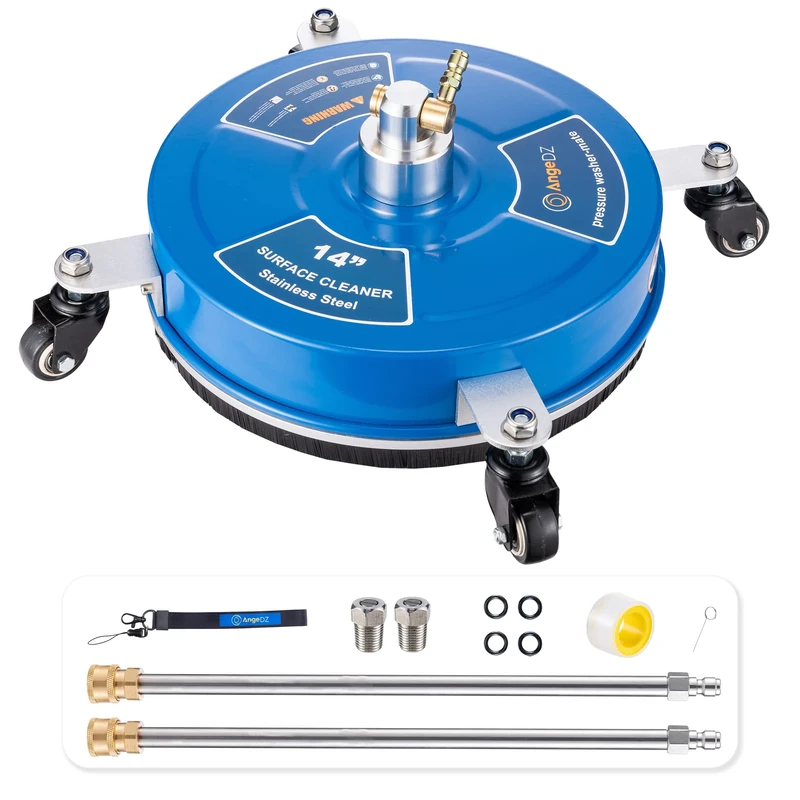 AngeDZ 14" Pressure Washer Surface Cleaner Attachment with 4 Wheels, 1/4" Quick Connector, 2 Extension Wands, 14 Inch Stainless Steel Painted Housing for Max 4000psi Power Washer (Blue)