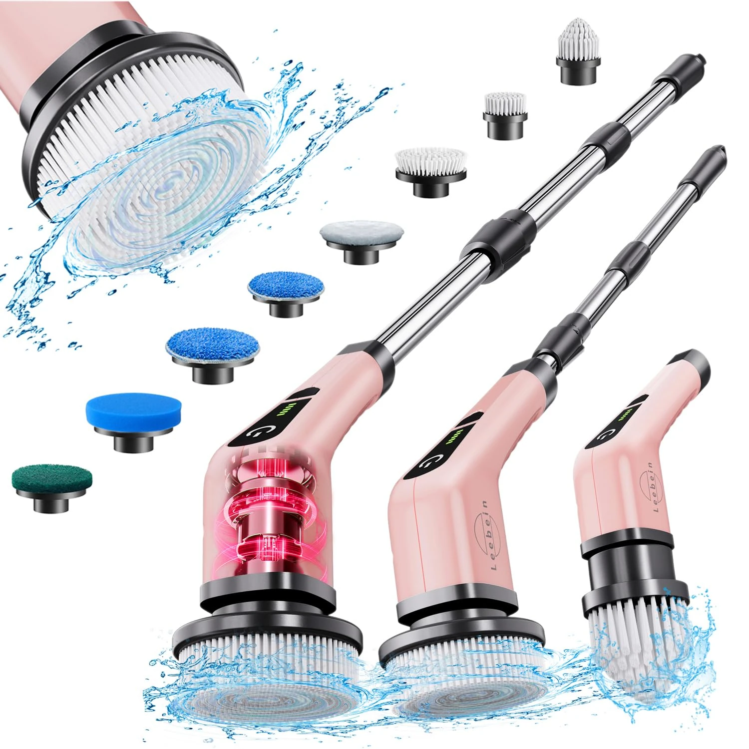 Electric Spin Scrubber, 360 Cordless Powerful Scrub Brush for Cleaning Bathroom, Kitchen, Shower Tub and Floor Tile with Adjustable Extension Long Handle and 8 Replaceable Rotating Brush Heads(Rose)