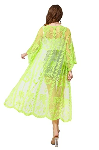 marysgift Womens Long Lace Swimsuit Cover Up Open Front Kimono Cardigans See Through Beach Blouses Bathing Suit Dress Robe L-Green