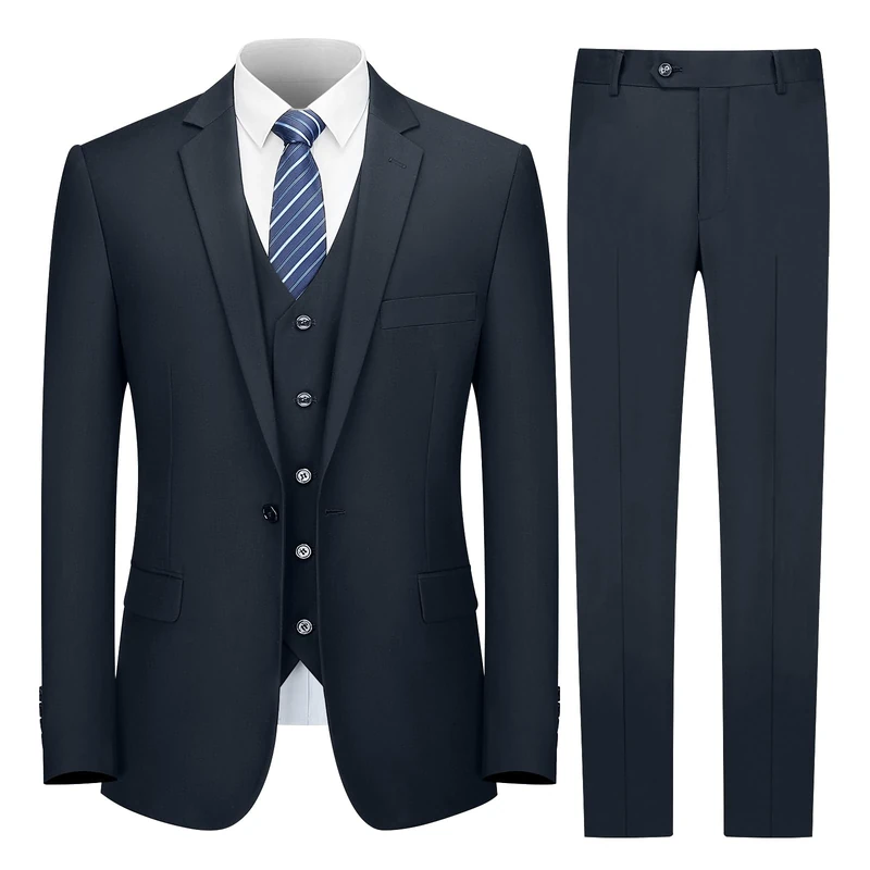 Cooper & Nelson Men's Suit Slim Fit, 3 Piece Suits for Men, One Button Solid Jacket Vest Trousers with Tie, Tuxedo Set, Dark Navy, S
