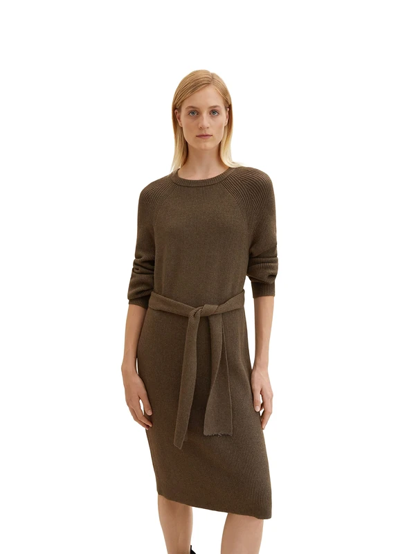 TOM TAILOR Ladies Knitted Dress with Tie Belt 1034084, 30668 - Tarmac Khaki Melange, 42 - Image 1