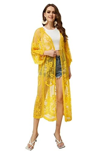 marysgift Lace Cardigan Floral Kimono Jacket Embroidery Open Front Swimsuit Half Sleeve Bikini Beach Cover Up Sarongs for Women Beachwear L-Yellow