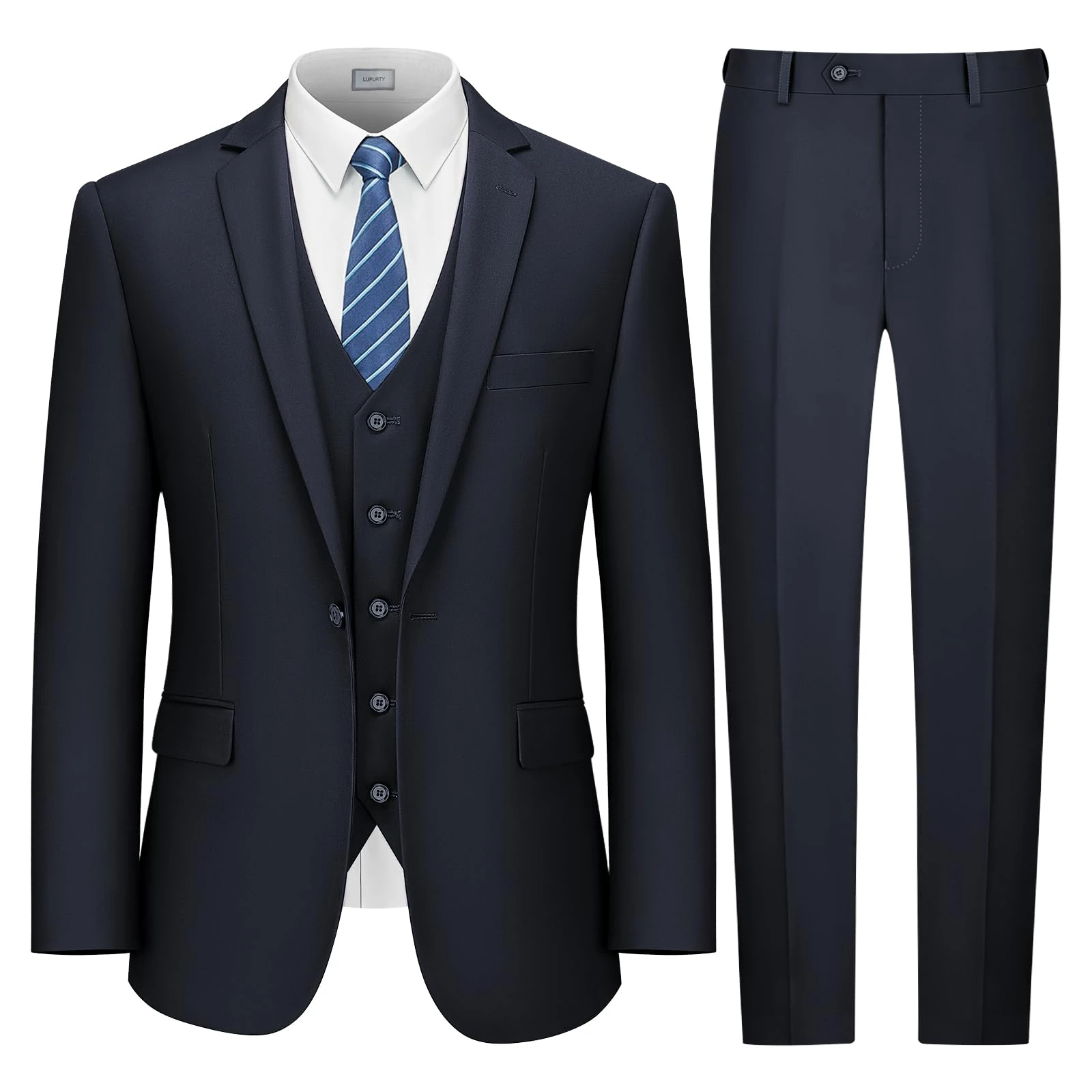 LUPURTY Suits for Men, 3 Piece Men's Suit Slim Fit, Solid Jacket Vest Pants with Tie, One Button Tuxedo Set, Dark Navy, 4XL