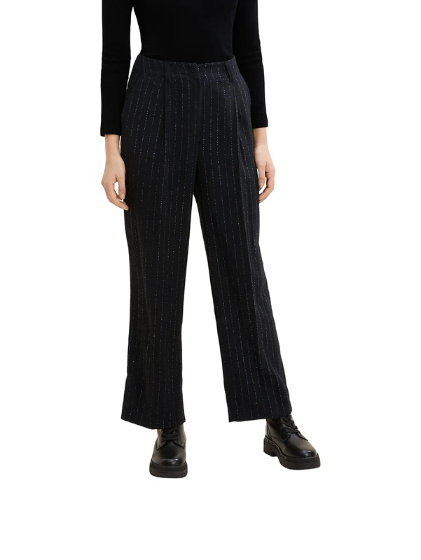 TOM TAILOR Ladies Lea Straight Fit Striped Fabric Pants 1034219, 30718 - Black Irregular Pin Stripe, 34W / 32L