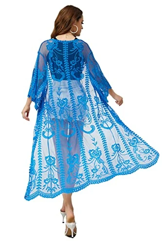 marysgift Embroidery Open Front Swimsuit Cover Ups for Women Half Sleeve Bikini Beach Kimono Cardigan L-Blue