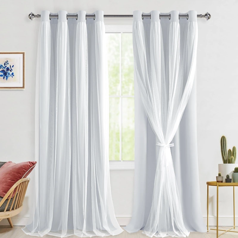 Hiasan Greyish White Black Out Blackout Curtains with Sheer, Thermal Insulated Privacy Double Layer Grommet Window Curtains for Bedroom, Living Room, Nursery, 2 Drape Panels with Tiebacks, 52W X 96L