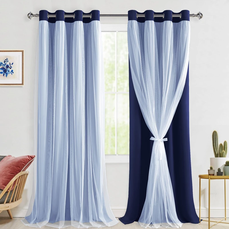 Hiasan Mix & Match Blackout Curtains with Sheer Overlay, Double Layer Extra Long Thermal Insulated Grommet Window Curtains for Bedroom, Living Room, 2 Drape Panels with Tiebacks, Navy Blue, 52W X 108L