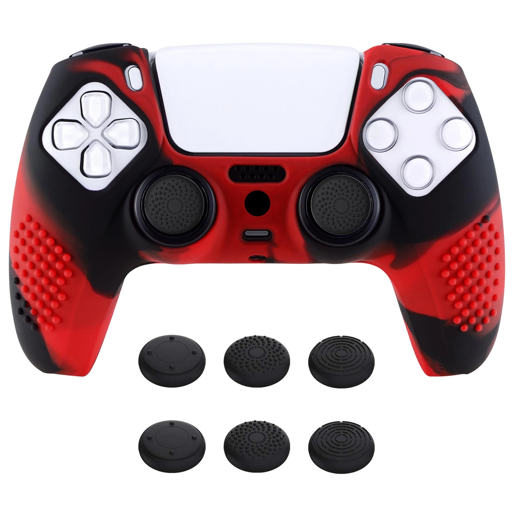 eXtremeRate PlayVital 3D Studded Edition Anti-Slip Silicone Cover Skin for ps5 Controller, Soft Rubber Case Protector for ps5 Wireless Controller with Thumb Grip Caps - Red & Black