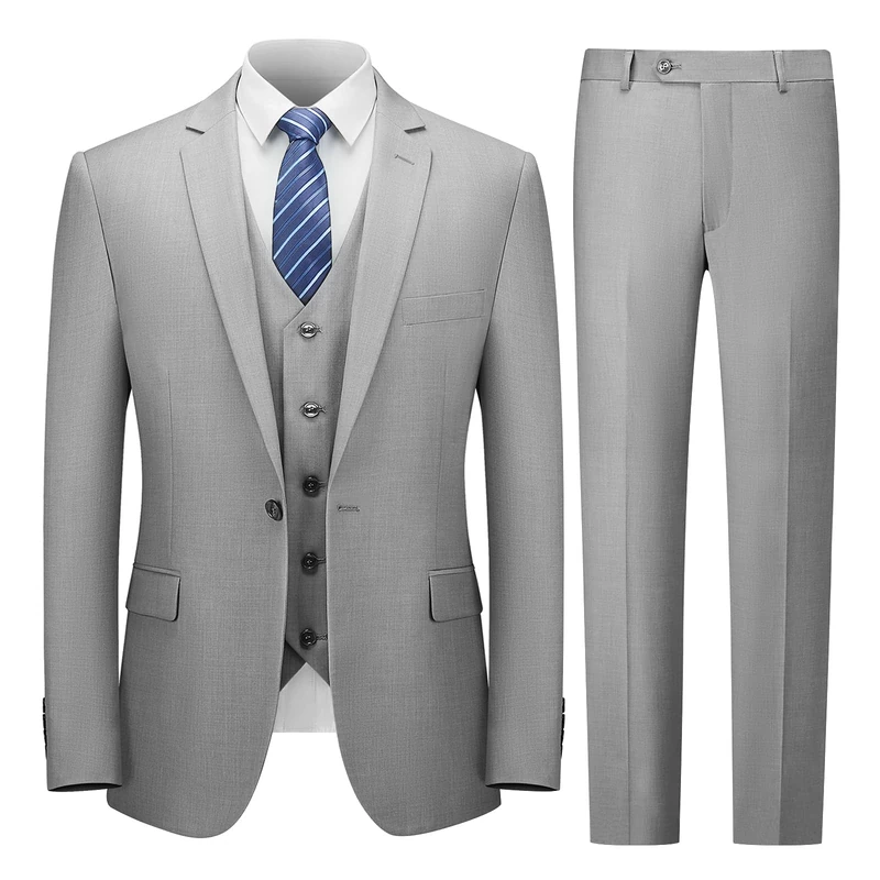 Cooper & Nelson Men's Suit Slim Fit, 3 Piece Suits for Men, One Button Solid Jacket Vest Pants with Tie, Tuxedo Set, Light Grey, L