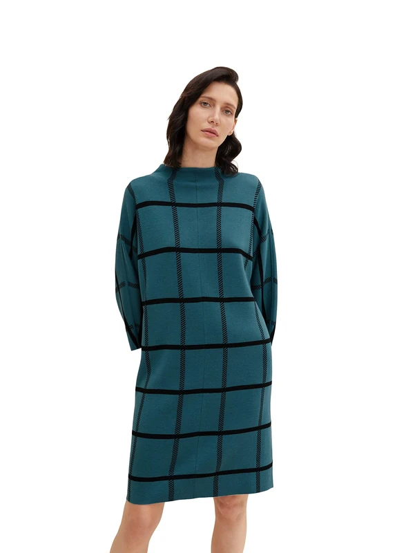 TOM TAILOR Women's 1034476 Dress, 30941 - Teal Blue Knit Check Design, 42