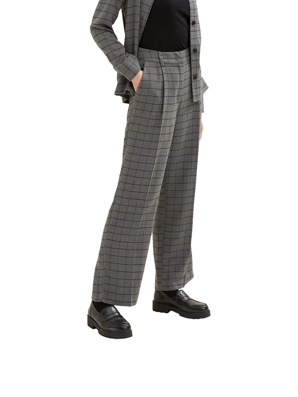 TOM TAILOR Ladies Lea Striaght Fit Pants 1034543, 30943 - Grey Small Woven Check, 32W / 32L - Image 1