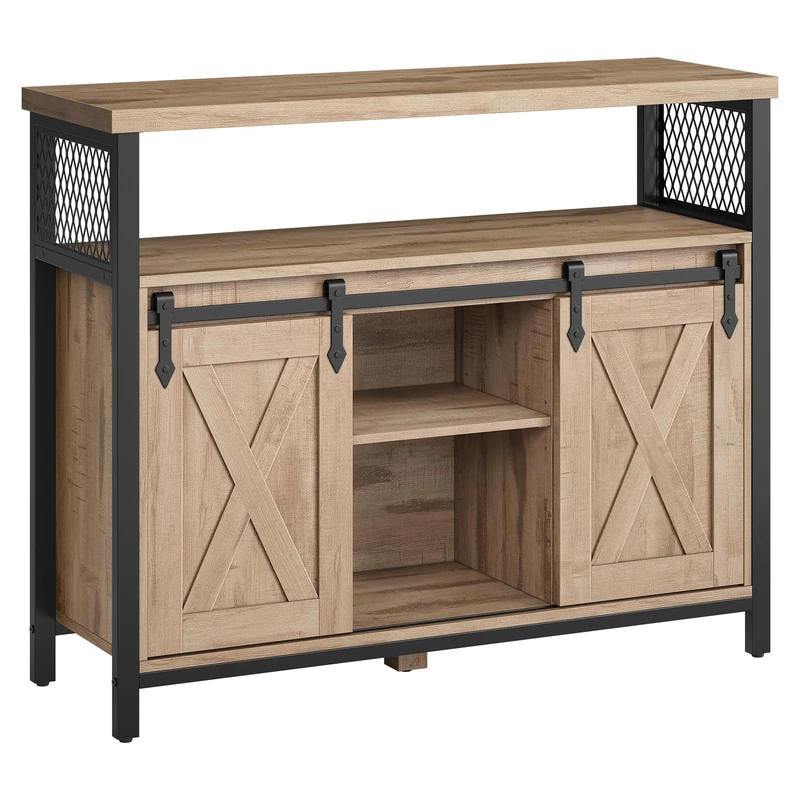 VASAGLE Sideboard, Kitchen Cabinet, Storage Cupboard, with 2 Sliding Barn Doors, 33 x 100 x 80 cm, Adjustable Shelves, for Living Room, Camel Brown and Ink Black LSC092B50