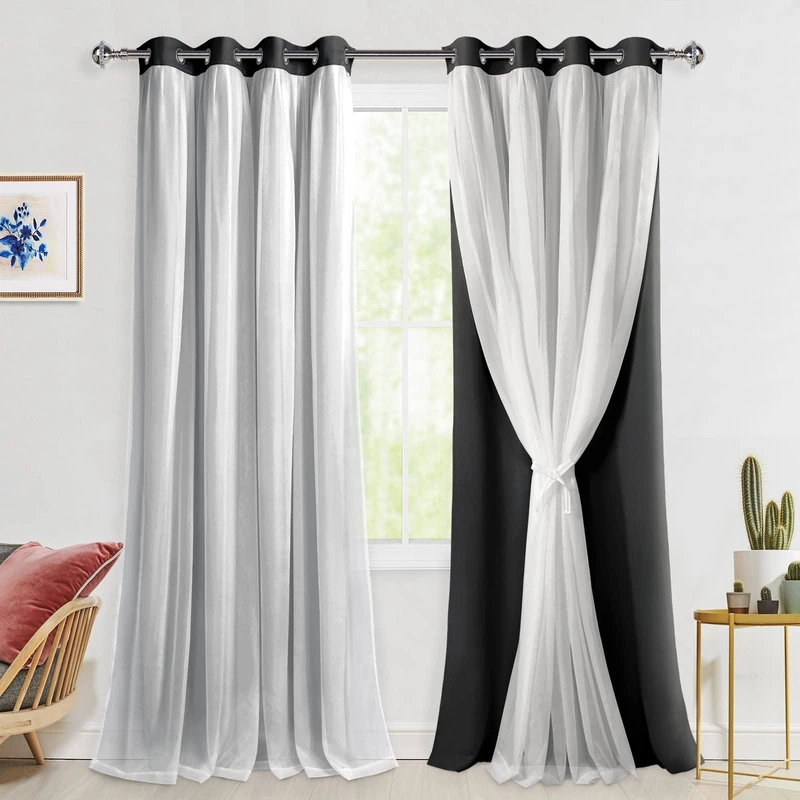 Hiasan Black Blackout Curtains with White Sheer, Mix & Match Double-Layer Thermal Insulated Sun Blocking Grommet Window Curtains for Bedroom, Living Room, 2 Drape Panels with Tiebacks, 52W X 96L