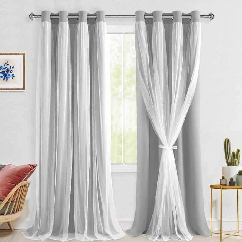Hiasan Double Layer Blackout Curtains with Sheer Overlay, Mix & Match Thermal Insulated Sun Blocking Grommet Window Curtains for Bedroom, Living Room, 2 Panels with Tiebacks, Silver Grey, 52W X 108L