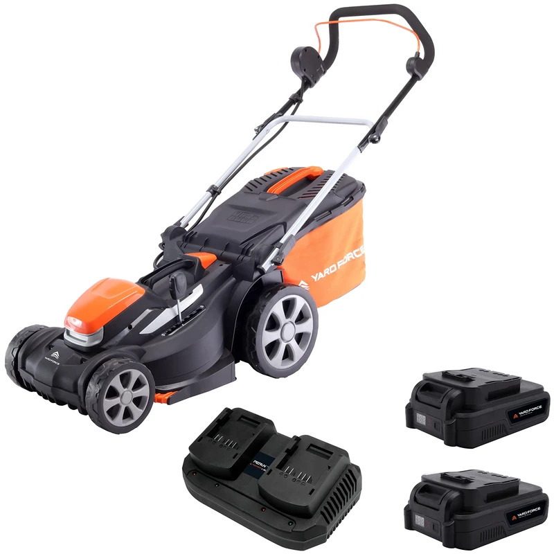 Yard Force LM C34A 20 V Cordless Lawnmower with 2 x 2.5 Ah Batteries, 34 cm Cutting Width, 25-75 mm Variable Cutting Height Adjustment, 35L Hybrid Collection Bag, Black/Orange