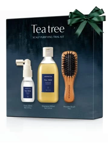 AROMATICA Tea Tree Scalp Purifying Trial Kit – Gift set, Vegan Hair Care Scalp Treatment with Tea Tree Oil & Mini Wooden Hair Brush
