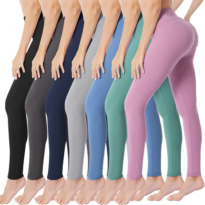 VALANDY High Waisted Leggings for Women Buttery Soft Stretchy Tummy Control Workout Yoga Running Pants One&Plus Size, 7 Packs-Black/Navy/Dark Gray/Light Gray/Blue/Ins Green/Lavender, XXL